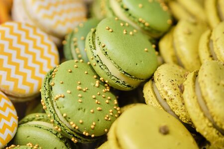 Delicious and beautiful macaroons on sale. Close up.の写真素材