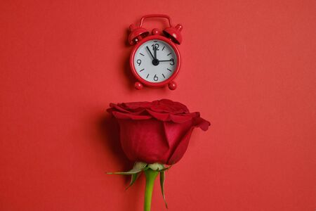 Red rose next to the clock on a paper background. Top view. Close up.の写真素材