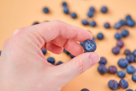 Male hand holds blueberries on an orange background. Close up.