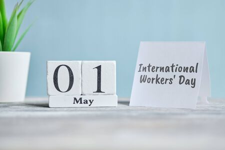 Holiday International Workers Day - 1 first May Month Calendar Concept on Wooden Blocks. Close up.の写真素材