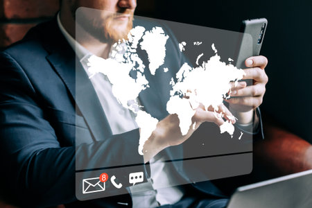 The concept of global business communication through mail, phone, instant messengers around the...