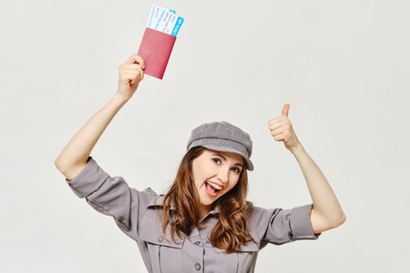 The girl holds a passport with a ticket in her hand and shows a thumbs up. Close up.の写真素材