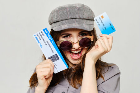 A young girl holds an airplane ticket and a credit card. Close up.の写真素材