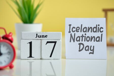 Icelandic National day 17 seventeenth june Month Calendar Concept on Wooden Blocks. Close up.の写真素材