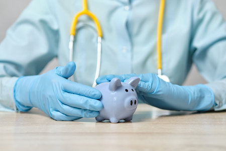 Girl doctor in gloves holds a piggy bank on the table.