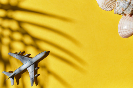 Resort vacation concept - airplane with shadow of palm tree and seashells on yellow background with copy spaceの写真素材