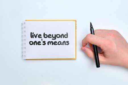 live beyond one means - english money idiom hand lettering on wooden blocksの写真素材