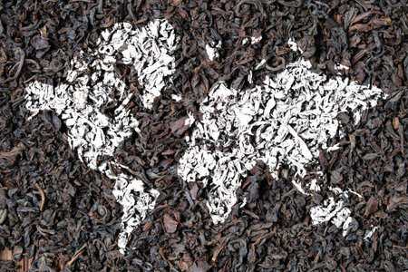 World map on dry tea as a concept of export around the worldの写真素材