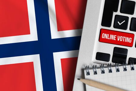 Online voting concept in Kingdom of Norway. Keyboard near country flag.の写真素材