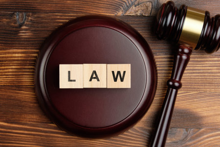 Concept law on wooden cubes next to the judge hammer.