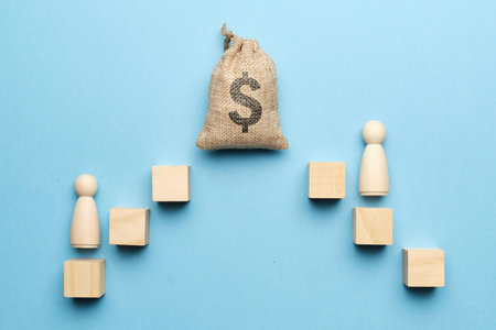 The concept of the cult of money. The bag with the image of a dollar and an abstract staircase with...