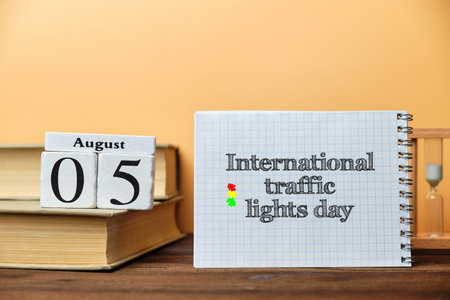 5th august - International traffic lights day. Fifth day month calendar concept on wooden blocks.