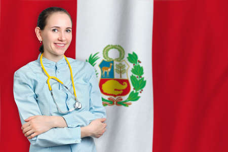 Republic of Peru healthcare concept with doctor on flag background. Medical insurance, work or study in the countryの写真素材