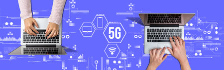 Hands with laptop with top view on a purple background with the inscription 5G network.