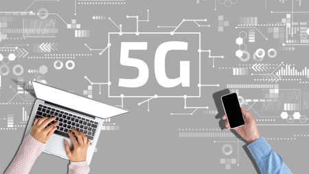 5G networks concept with abstract graphics on gray background.の写真素材