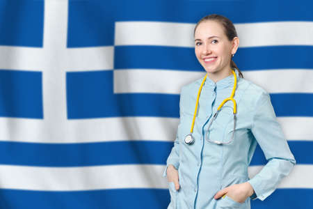 Greece healthcare concept with doctor on background. Medical insurance, work or study in the countryの写真素材