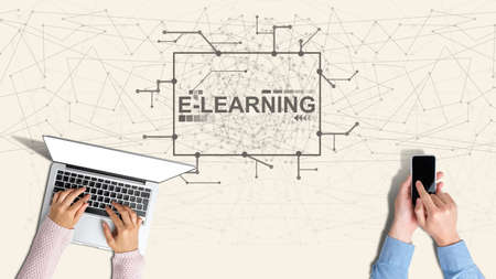 E-learning concept with abstract graphics on yellow background.の写真素材