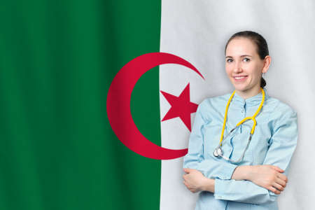 People Democratic Republic of Algeria healthcare concept with doctor on background. Medical insurance, work or study in the countryの写真素材