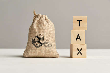 Tax concept next to a bag of money. Close up