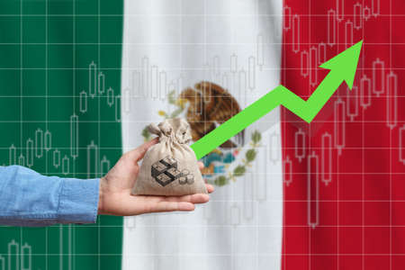 The concept of economic growth in United Mexican States. Hand holds a bag with money and an upward arrow.の写真素材