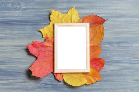 Frame to copy space on autumn leaves dry and wooden background.の写真素材