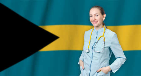 Commonwealth of The Bahamas healthcare concept with doctor on background. Medical insurance, work or study in the countryの写真素材