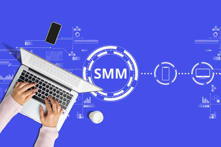 Social media marketing concept and person with laptop.の写真素材