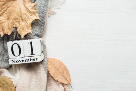 first day of autumn month calendar November with copy space.の写真素材