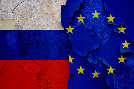 Political relations between Russia and the European Union by flags.