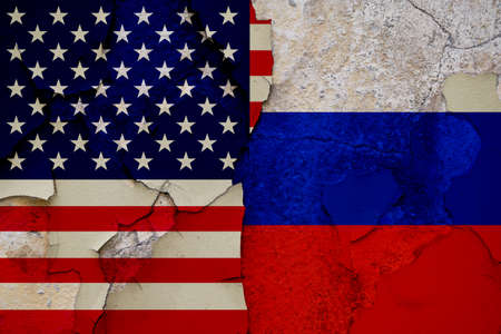 Political relations between Russia and the United States of America by flags.の写真素材