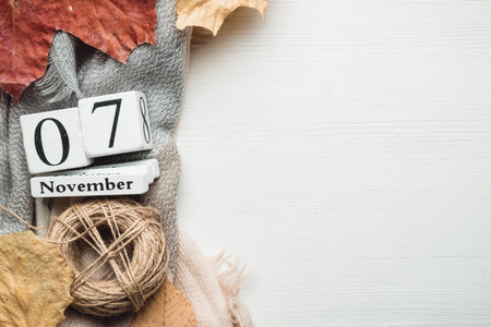 seventh day of autumn month calendar November with copy space.