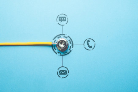 Stethoscope on table with phone, messenger and email contacts icons.