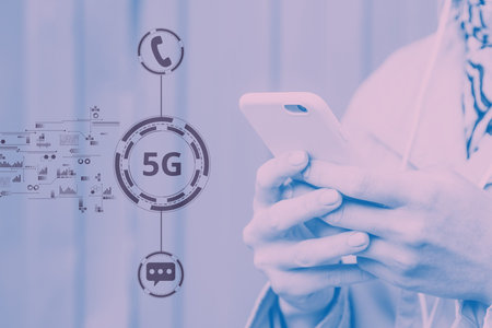 5G mobile networks with phone and messenger icons and a girl holding a phone.
