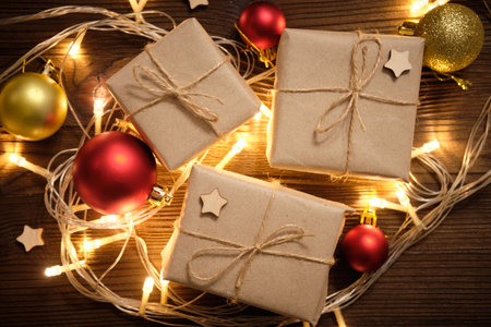 New year and christmas concept with gifts in craft packaging.