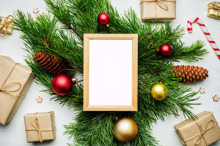 New year and christmas concept on wooden background with frame for copy space.の写真素材