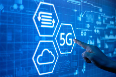 A hand presses on a futuristic mobile network 5g display.