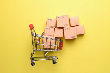 Concept of abstract shopping cart with boxes of goods.の写真素材