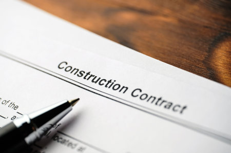 Legal document Construction Contracton paper with pen.の写真素材