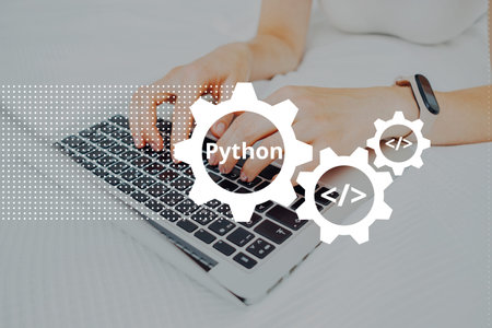 Python programming code language learning concept with person and laptop.