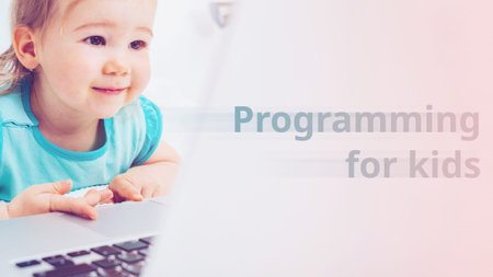Programming concept for kids featuring a child with a laptop.