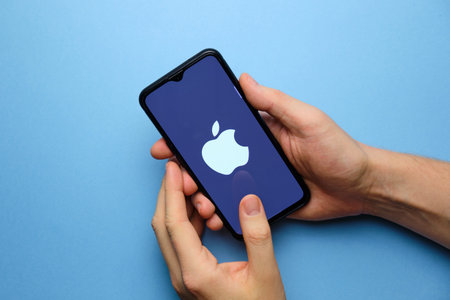 russia, st.petersburg, 8 december 2020 logo apple on the smartphone display.