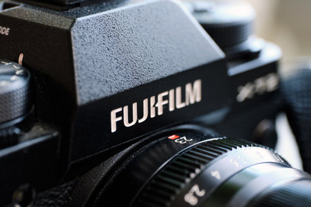 russia, st.petersburg, 14 February 2021 The logo of the japanese company fujifilm on the camera.のeditorial素材