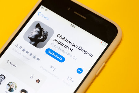 russia, st. petersburg, 15 February 2021 Popular social networking and chat application clubhouse.のeditorial素材