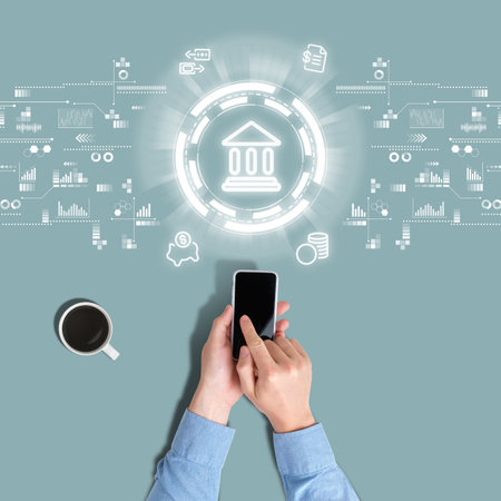 Abstract types of services in mobile banking are viewed by a person through a smartphone.の写真素材