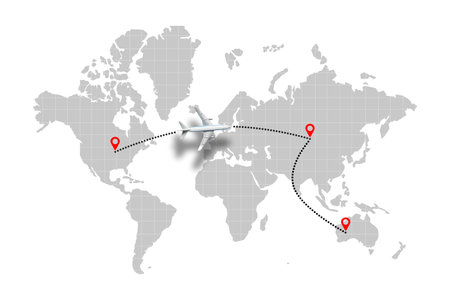 Airplane flight path concept on world map with points.