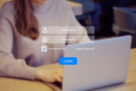 Concept of authorization and login on the site with the background of a girl with a laptop.