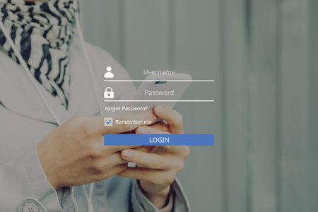 Concept of authorization and login to the site with the background of a girl holding a smartphone.