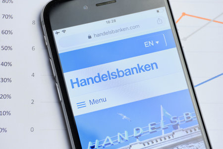 russia, st.petersburg, 14 February 2021 logo Svenska Handelsbanken on the website screen smartphone. Close up.のeditorial素材