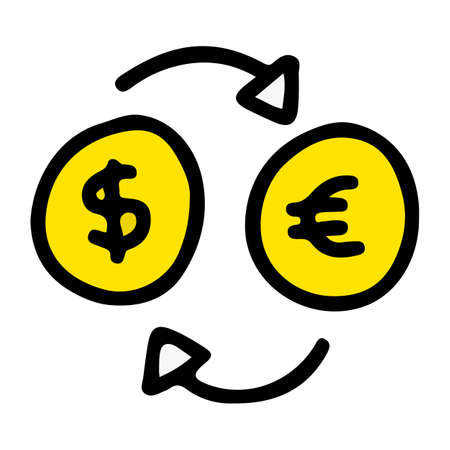 Currency exchange concept with arrows and coins with dollar and euro sign hand drawn doodle isolatedのイラスト素材