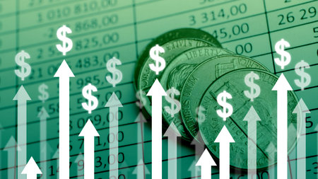 Dollar currency growth concept with upward arrows on charts and coins background.